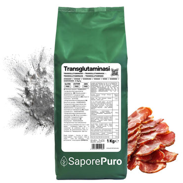 Polvere di transglutaminasi SaporePuro, enzima alimentare professionale usato in cucina e pasticceria.