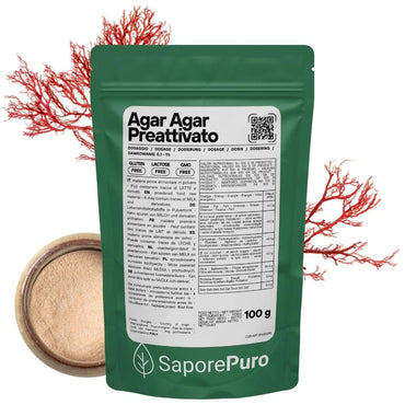 Agar agar preattivato SaporePuro, origine Italia, in confezione, ideale per applicazioni lattiero-casearie, mostra il prodotto in dettaglio