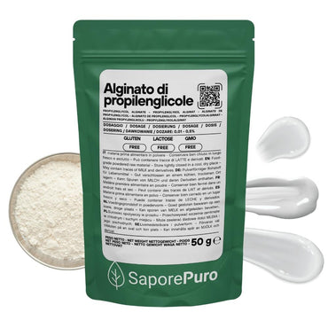 Alginate di propilenglicole SaporePuro, ingrediente per cucina e forno, in confezione da 50 grammi, visibile nella foto.