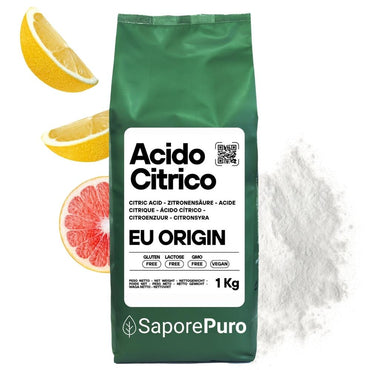 Additivo alimentare acido citrico SaporePuro in confezione, ideale per cocktail, vino, pulizie ed enologia, prodotto in UE