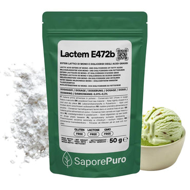 Emulsionante E472b Lactem SaporePuro per gelato e panificazione, contenitore con emulsione bianca e etichetta visibile