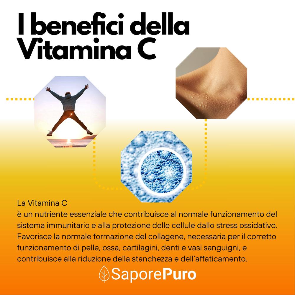 SaporePuro Vitamin C supplement bottle with label, featuring a clear container and orange accents, on a white background.