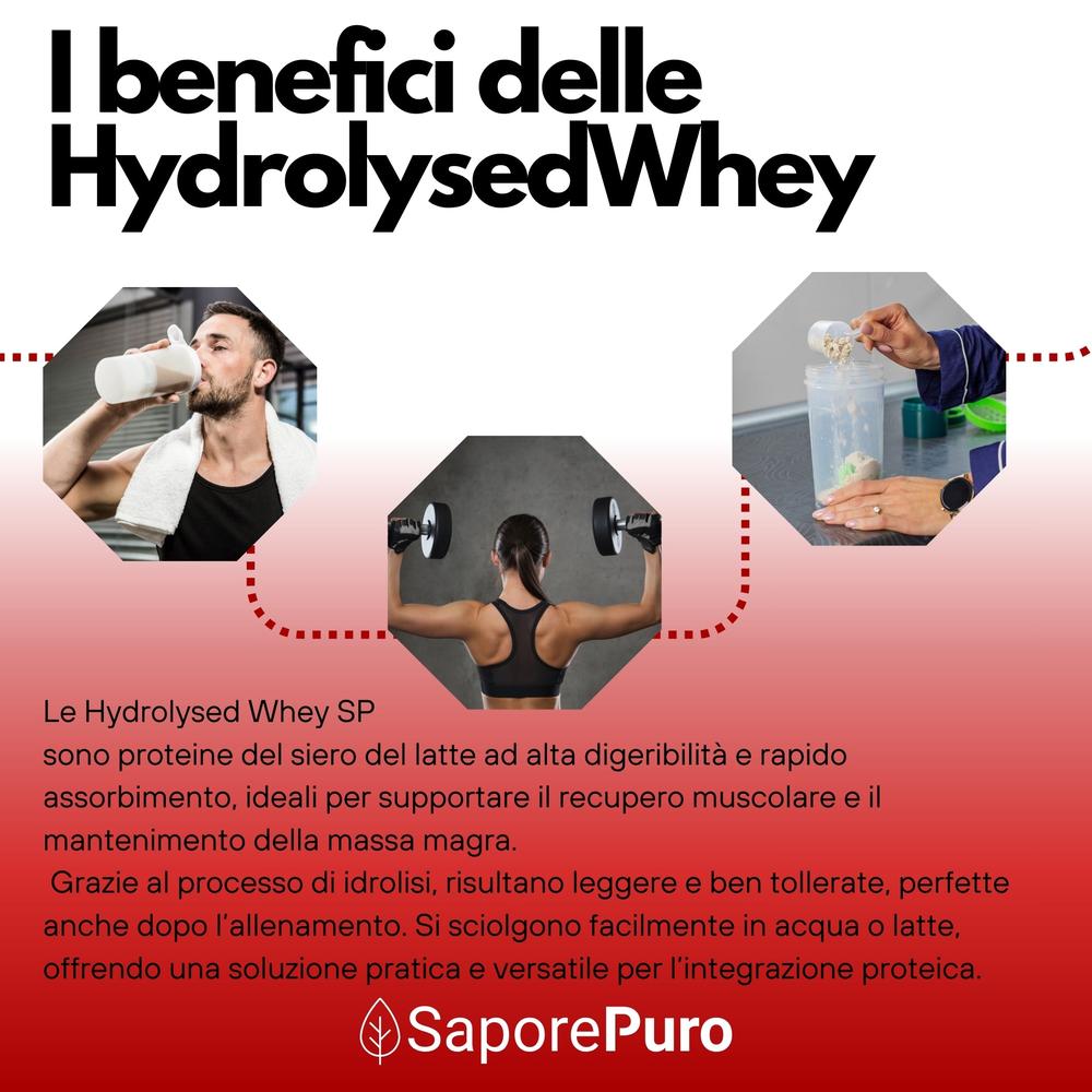 Hydrolyzed whey protein isolate from SaporePuro, showcasing the product packaging for HydrolysedWhey SP Proteine del Latte.