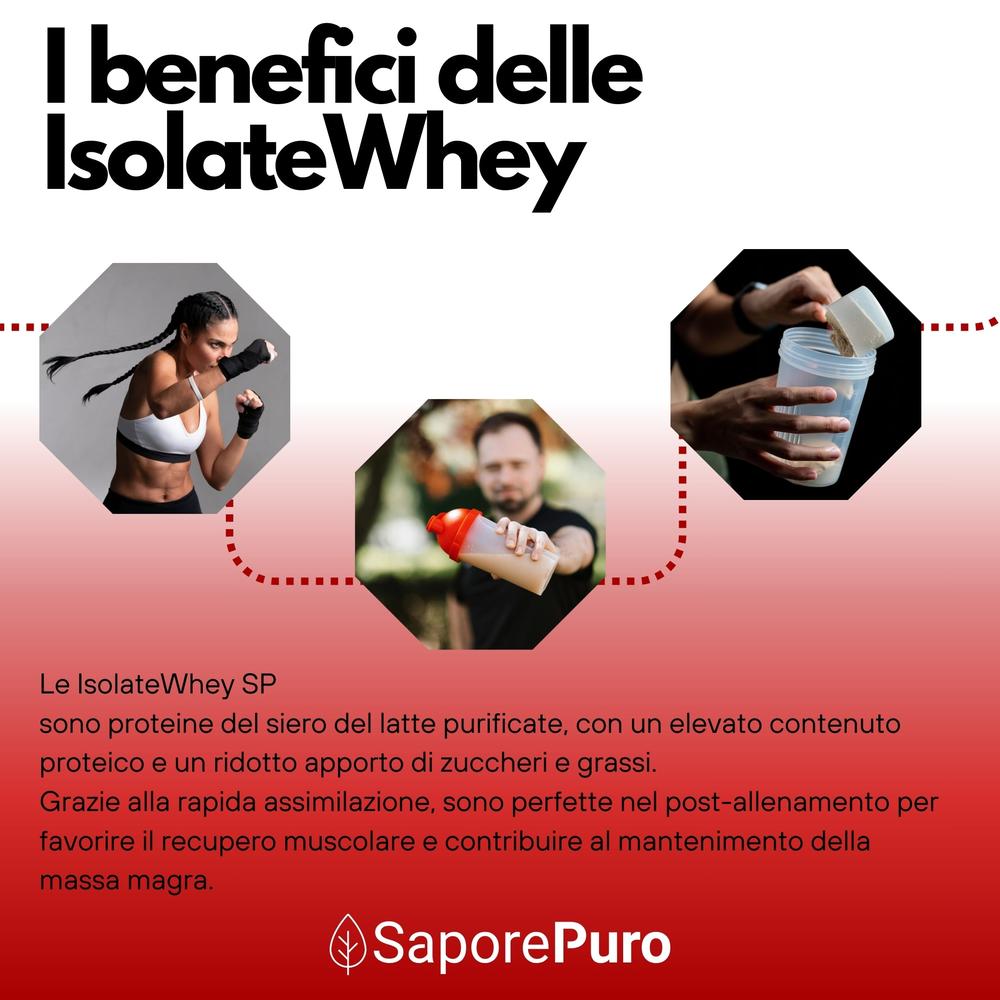 SaporePuro IsolateWhey SP protein powder container, featuring whey isolate del latte, 100% Isolac instant, with product label visible.