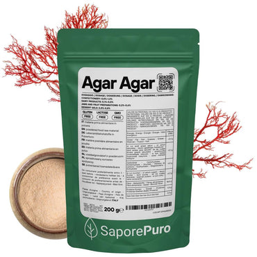 Agar agar E406 di SaporePuro in confezione, gelificante naturale di origine italiana, pronto per usi culinari.