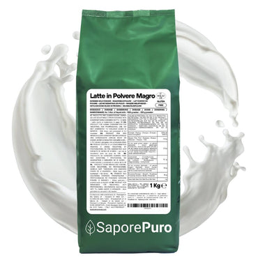 Latte magro in polvere SaporePuro, confezione da 1kg, origine UE, visibile in immagine.