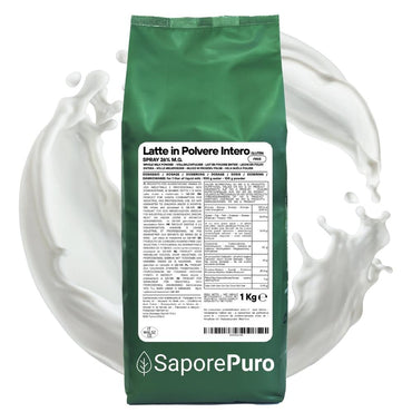 Latte intero in polvere SaporePuro, prodotto U.E., mostra una confezione di latte in polvere con etichetta e dettagli sul packaging