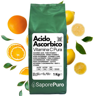 Vitamina C Acido Ascorbico pura di SaporePuro in confezione, ingrediente essenziale per ricette e integrazione naturale.