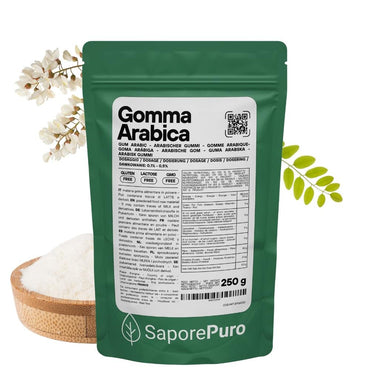 Gomma arabica in polvere SaporePuro, ingrediente per cucina e forno, confezionato in Italia, in sacchetto bianco.