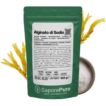 Alginato di Sodio SaporePuro, ingrediente naturale per sferificazione molecolare e gelificazione in cucina e forno.
