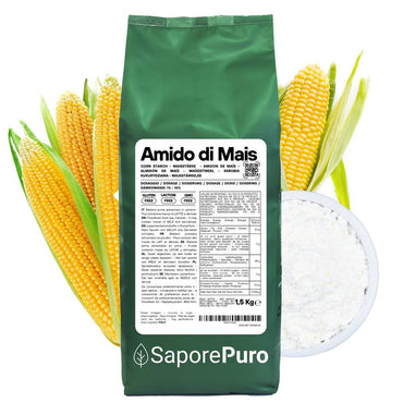 Amido di mais Nativo SaporePuro, addensante naturale e gluten free, in confezione con chicchi di mais.
