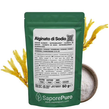 Alginate di sodio SaporePuro, ingrediente naturale per sferificazione molecolare e gelificazione in cucina e forno.