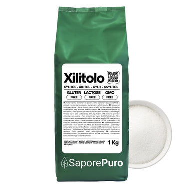 Zucchero dolcificante naturale Xilitolo SaporePuro, origine extra EU, meno calorie, confezione bianca e etichetta sul fronte