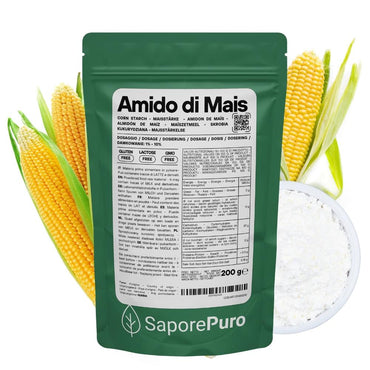 Amido di mais Nativo SaporePuro, addensante naturale e funzionale senza glutine, in confezione con chicchi di mais.