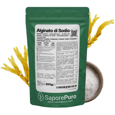 Alginosodio per sferificazione molecolare, ingrediente naturale SaporePuro per cucina e forno, in confezione con etichetta bianca.