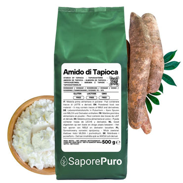 Amido di tapioca nativo SaporePuro in sacchetto, ingrediente per ricette, con etichetta visibile e chiara.
