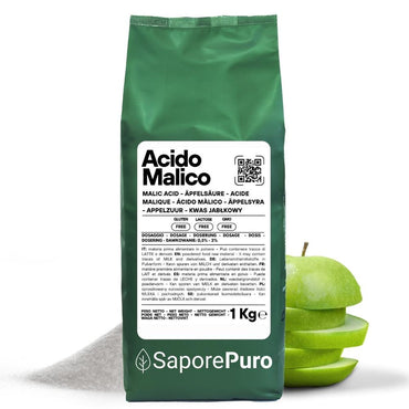 Acido malico premium SaporePuro, acidificante professionale per mixology ed enologia, in confezione italiana.