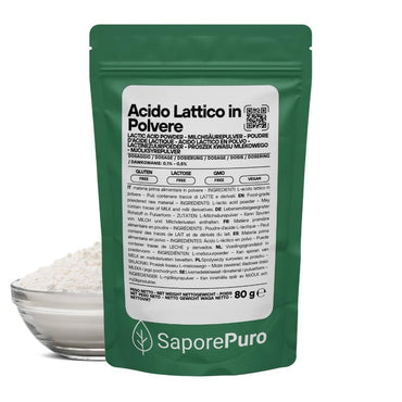 Polvere di acido lattico SaporePuro, additivo alimentare, in contenitore con etichetta visibile e dettaglio del prodotto.