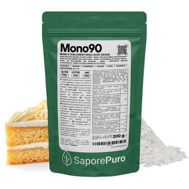 Emulsionante Mono90 di SaporePuro, mono e digliceridi degli acidi grassi E471, in confezione con etichetta visibile.