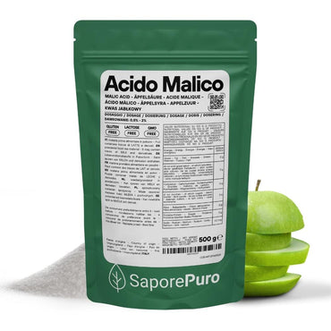 Acido malico premium SaporePuro, acidificante professionale per mixology ed enologia, confezione da ingrediente italiano per cocktail e vino.