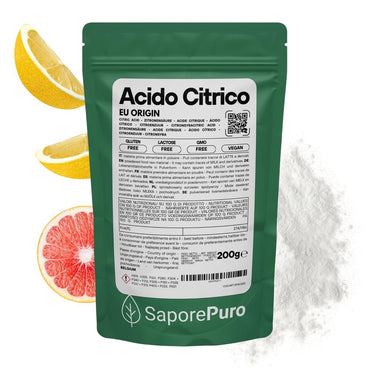 Additivo alimentare acido citrico SaporePuro, ideale per cocktail, vino, pulizie ed enologia, produzione europea.