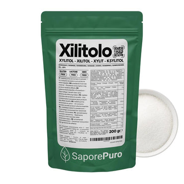 Zucchero naturale Xilitolo SaporePuro, dolcificante a basso contenuto calorico con origine extra U.E. in confezione da immagini.