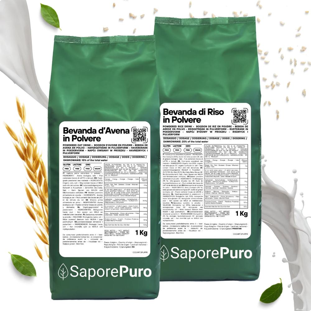 Bevanda di avena SaporePuro in polvere, naturale e cremosa, ideale per preparare bevande vegetali al gusto di avena.