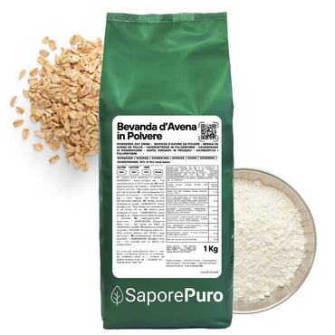 Bevanda di avena SaporePuro in polvere da 1kg, senza glutine, con ciotola e avena in fiocchi sul tavolo.