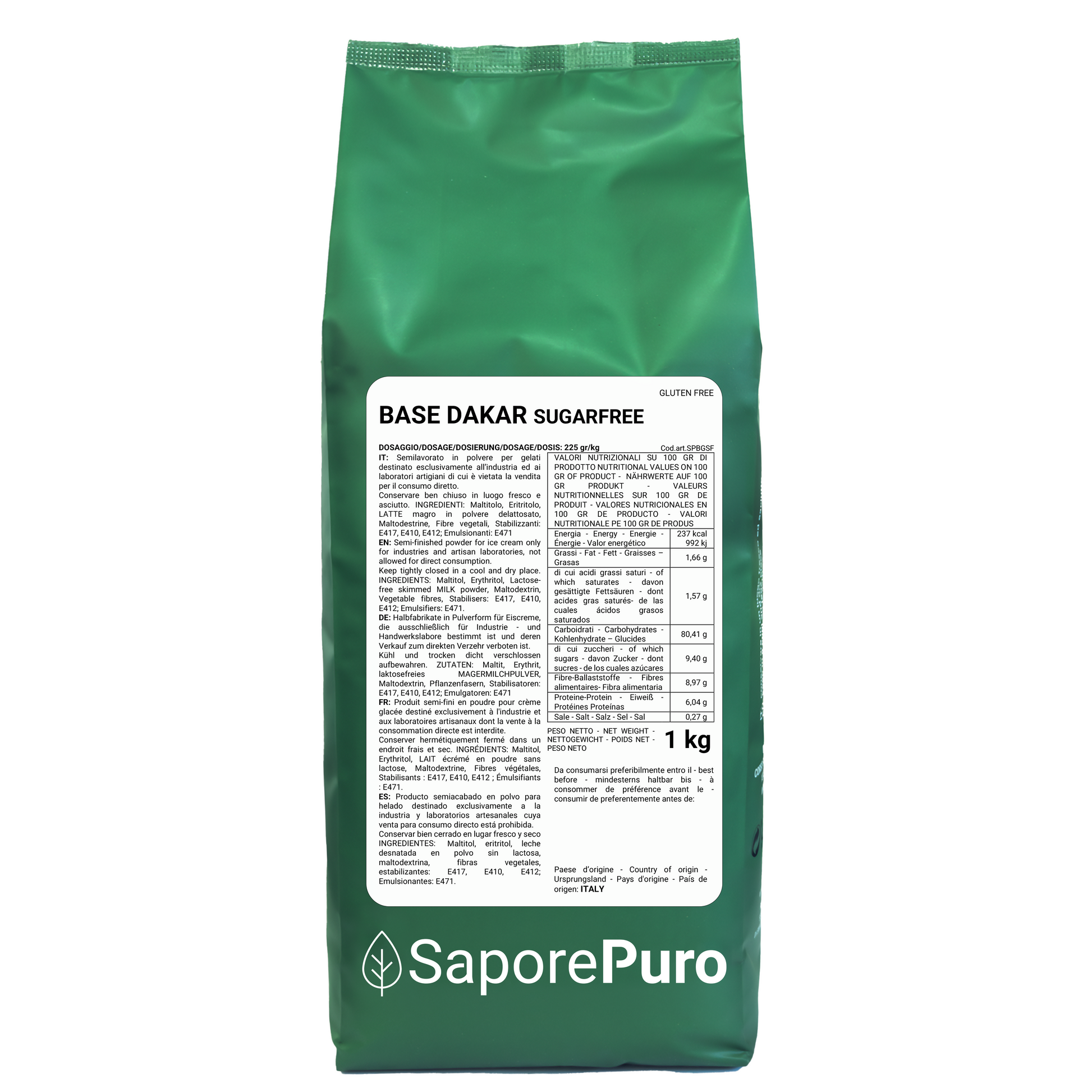 Base Dakar SugarFree - 1Kg - Base per Gelato senza zucchero saccarosio a basso indice glicemico - SaporePuro