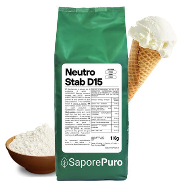 Neutro Stab D-15 di SaporePuro, 15gr/kg, con proteine performanti, ideale per gelato al latte in contenitore bianco.