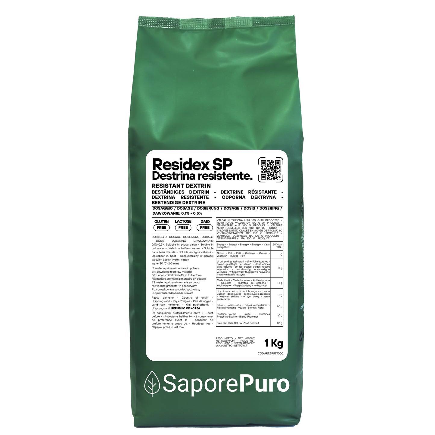 Amido resistente ResiDex SP di SaporePuro, polvere di destrina resistente da mais, ideale per alimenti salutari e integratori naturali.