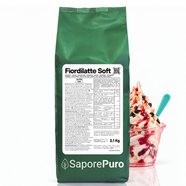 Base per gelato soft Fiordilatte SaporePuro, contenitore da 2,1 kg, mostra il prodotto cremoso e bianco in confezione.