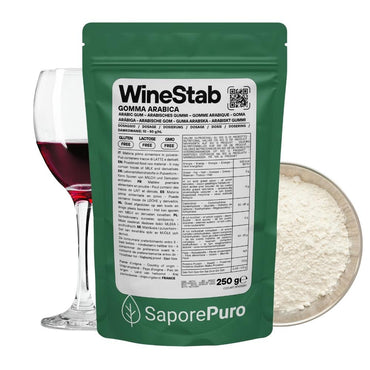 Additivo alimentare WineStab di SaporePuro con gomma arabica naturale per stabilizzare il vino, visibile in bottiglia con etichetta.