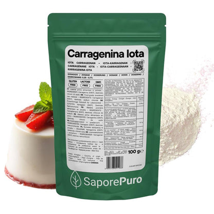 SaporePuro Carragenina Iota E407 gelifying agent in a clear container, showing the translucent gel-like substance inside.