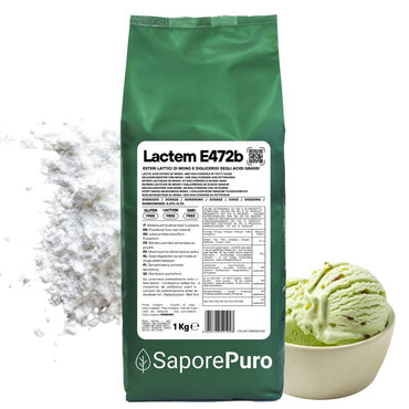 Emulsionante professionale E472b Lactem di SaporePuro per gelato e panificazione, contenitore con etichetta visibile.