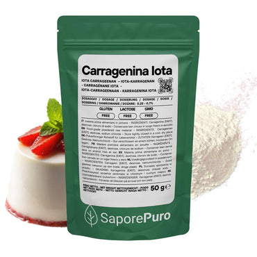 Carragenina Iota E407, gelificante elastico in emulsione, confezionata in contenitore con etichetta SaporePuro.