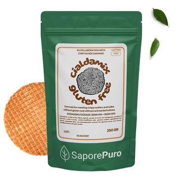 Mix per cialde senza glutine SaporePuro, croccante e leggero, in confezione da 250g, con cialde pronte per l'uso.