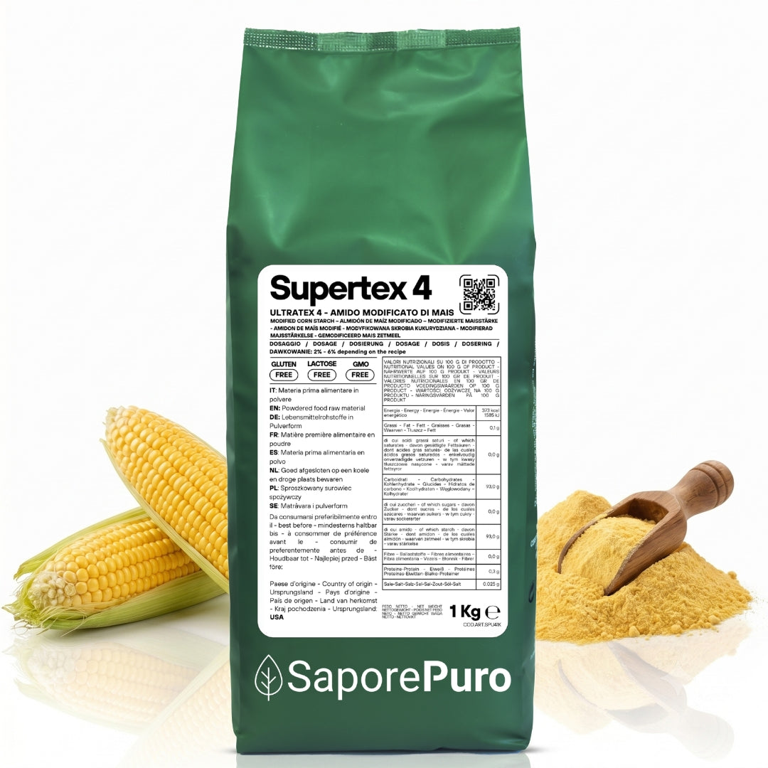 Amido modificato di mais SaporePuro SUPERTEX 4 - Ultratex 4, amido alimentare pregelatinizzato, uso a freddo, confezione.
