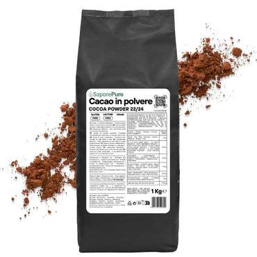 Cacao in polvere SaporePuro, 22-24% di materia grassa, origine Olanda, gusto deciso e sapore intenso, in sacchetto.