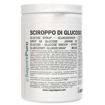 Sciroppo di glucosio liquido 40DE di SaporePuro, ingrediente dolce per gelati e pasticceria, bottiglia trasparente con etichetta.