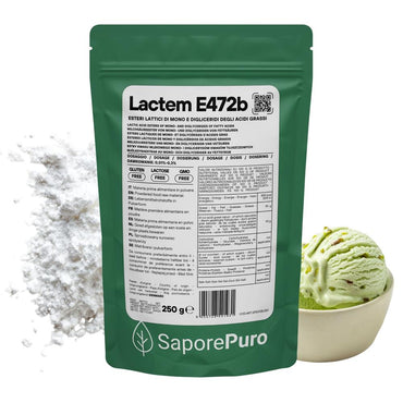 Emulsionante professionale E472b Lactem di SaporePuro, contenitore con polvere bianca per gelato e panificazione.