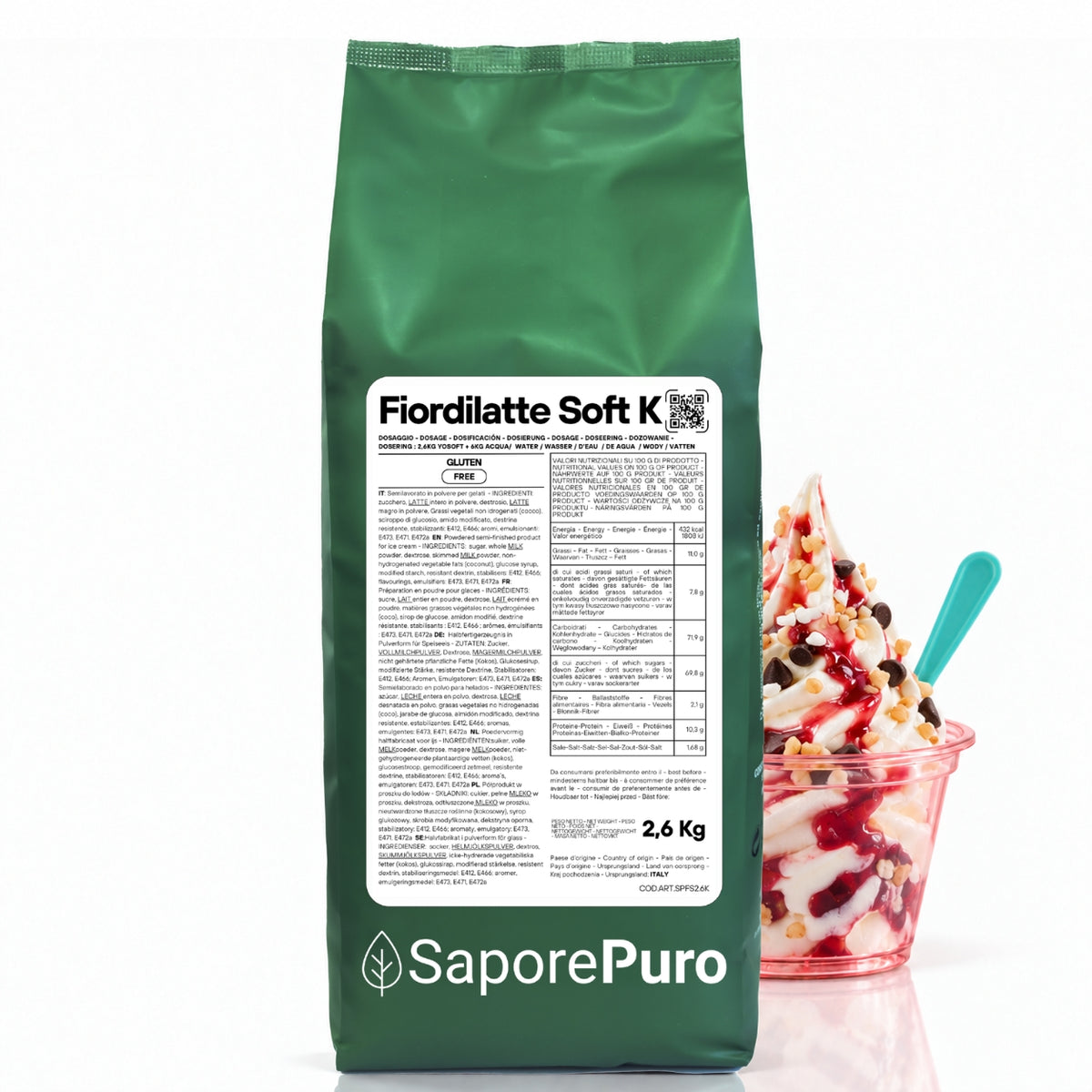 Base per gelato soft Fiordilatte Soft K di SaporePuro, contenitore da 2,6 kg, visibile in una confezione con etichetta.