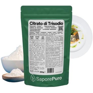 Citrato di Trisodio E331iii, regolatore di acidità alimentare, in confezione da SaporePuro, usato come emulsionante.