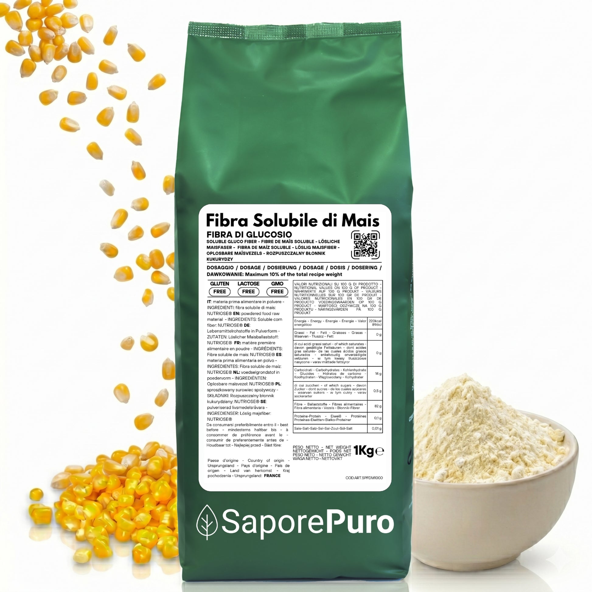 Fibra di mais solubile SaporePuro, alternativa all'inulina, visibile in un contenitore, ideale per gelati e dolci.