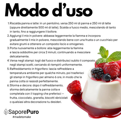 Preparato in polvere SaporePuro per panna cotta, mix semilavorato per dolci, confezione con polvere bianca per dessert cremoso.