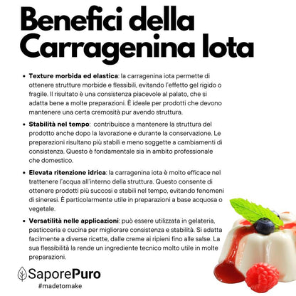 SaporePuro Carragenina Iota E407 gelificante elastico powder in a clear jar, used for thickening and gelling in food products.