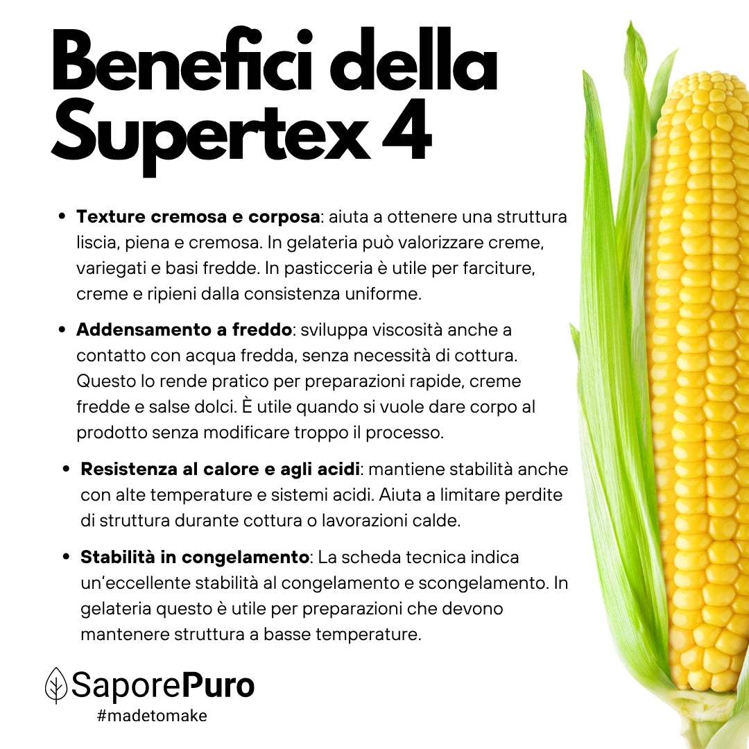 Amido modificato di mais SUPERTEX 4 di SaporePuro, amido alimentare pregelatinizzato, uso a freddo, confezione da 500g
