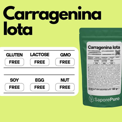 SaporePuro Carragenina Iota E407 gelatine with elastic texture, shown in a clear container with a smooth, translucent gel surface.