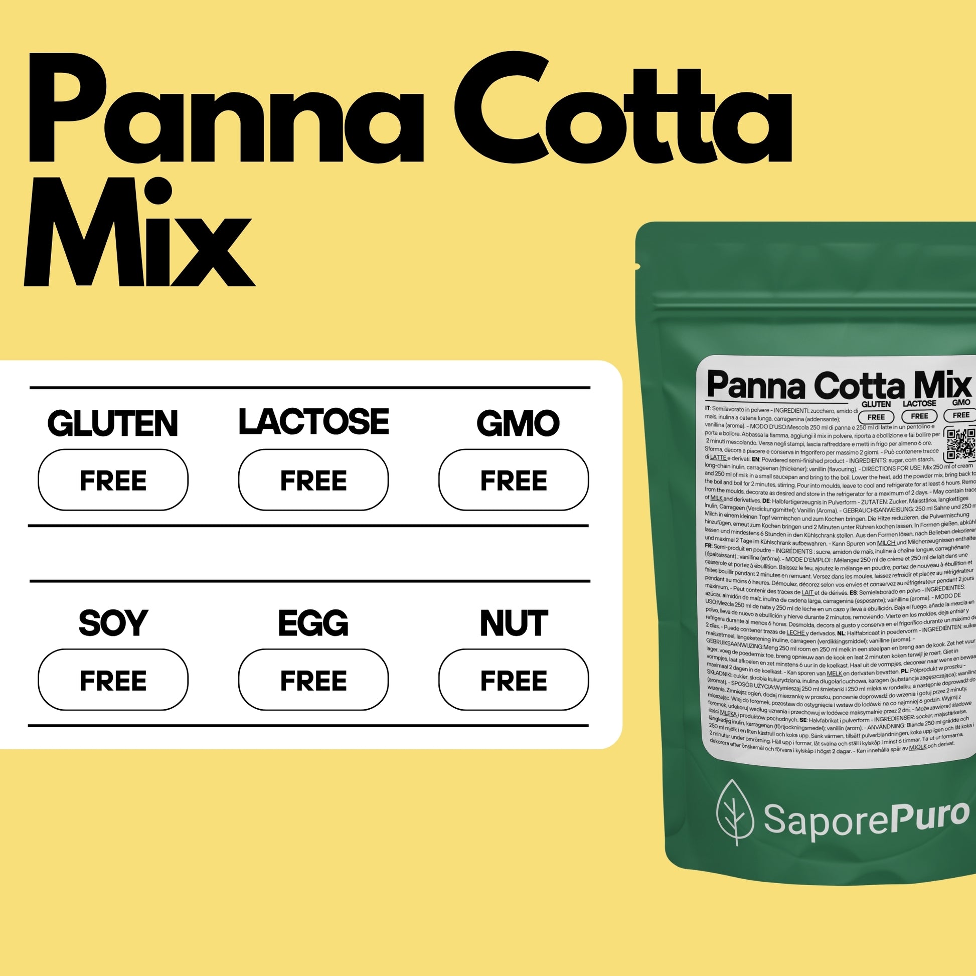 Miscela di panna cotta SaporePuro, preparato in polvere per dolci, visibile in confezione con dettagli e etichetta.