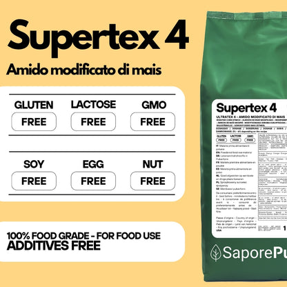 Amido alimentare modificato di mais SUPERTEX 4 Ultratex 4 di SaporePuro, confezione con polvere bianca per uso a freddo
